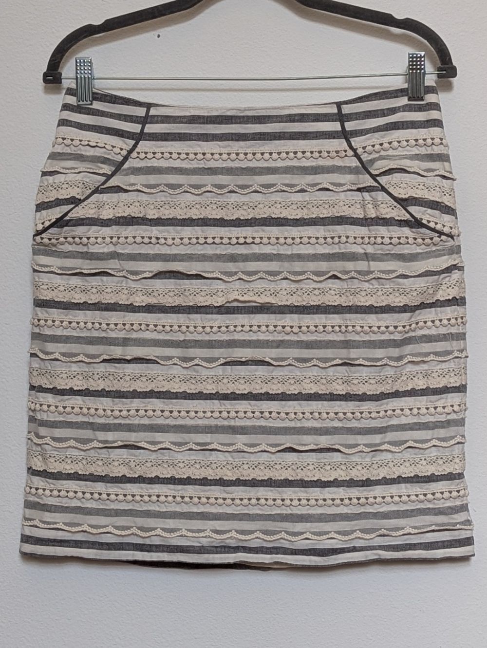 Tabitha Cream and Gray Striped Lace-Trim Pencil Skirt